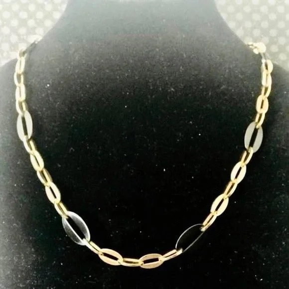 YELLOW GOLD PLATED STAINLESS STEEL BLACK CERAMIC NECKLACE PAPERCLIP CHUNKY CHAIN - Picture 4 of 9